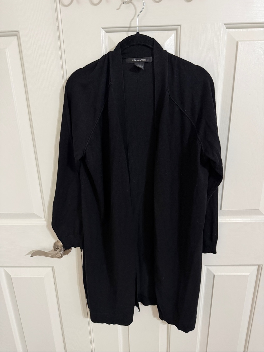 89th & Madison L Black Longline Duster Cardigan Draped Open Front Knit Sweater